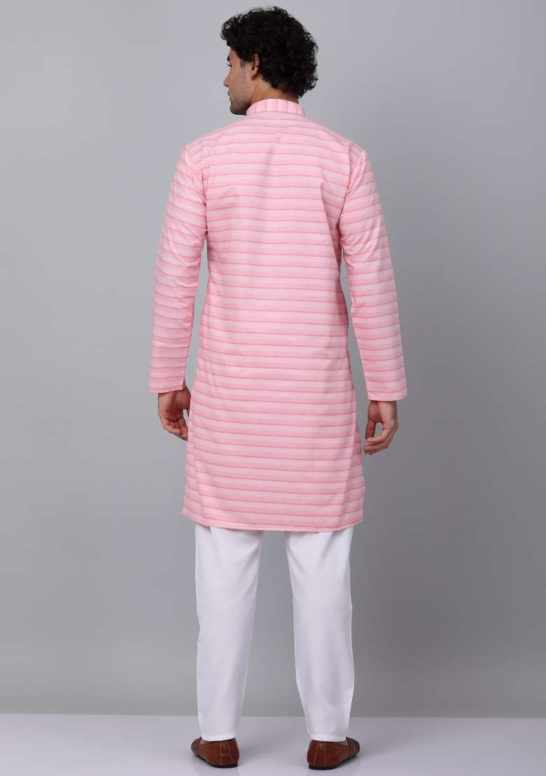 Pink Striped Pure Cotton Kurta Set For Men - Indya