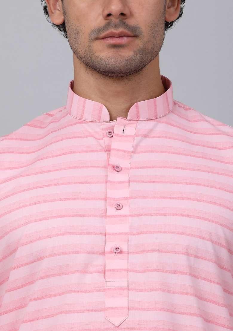 Pink Striped Pure Cotton Kurta Set For Men - Indya