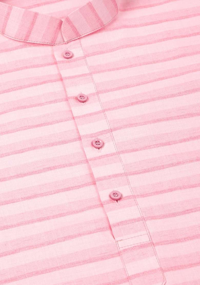 Pink Striped Pure Cotton Kurta Set For Men - Indya