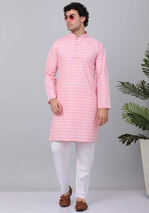 Pink Striped Pure Cotton Kurta Set For Men