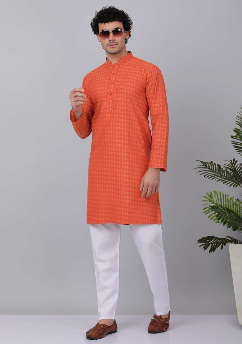 Maroon Printed Pure Cotton Kurta Set For Men - Indya