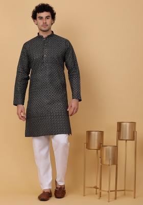 Black Printed Cotton Kurta Set For Men