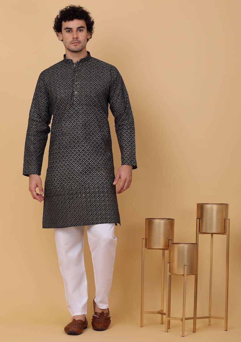 Black Printed Cotton Kurta Set For Men - Indya