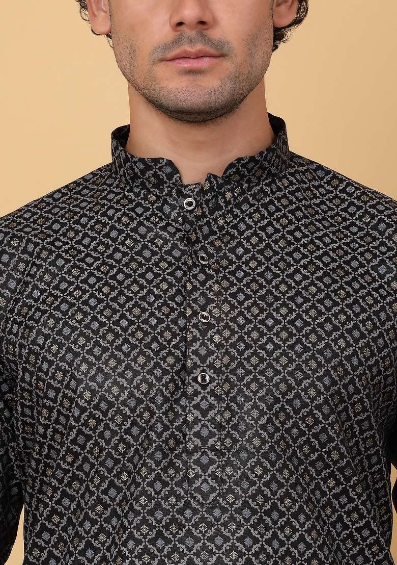 Black Printed Cotton Kurta Set For Men - Indya
