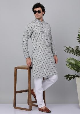 Grey Printed Cotton Kurta Set For Men