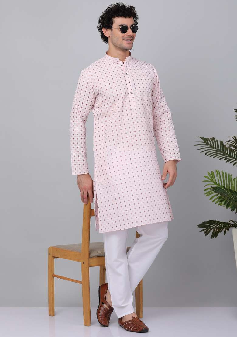 Pink Printed Cotton Kurta Set For Men - Indya