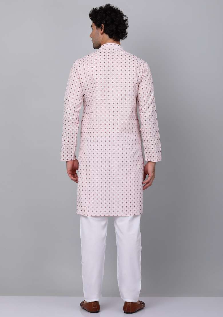 Pink Printed Cotton Kurta Set For Men - Indya
