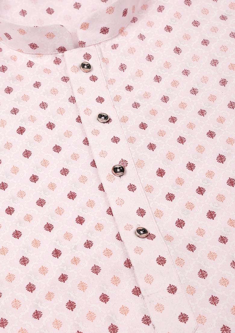 Pink Printed Cotton Kurta Set For Men - Indya