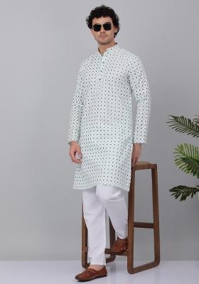 Green Printed Cotton Kurta Set For Men