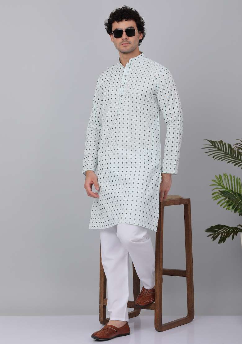 Green Printed Cotton Kurta Set For Men - Indya