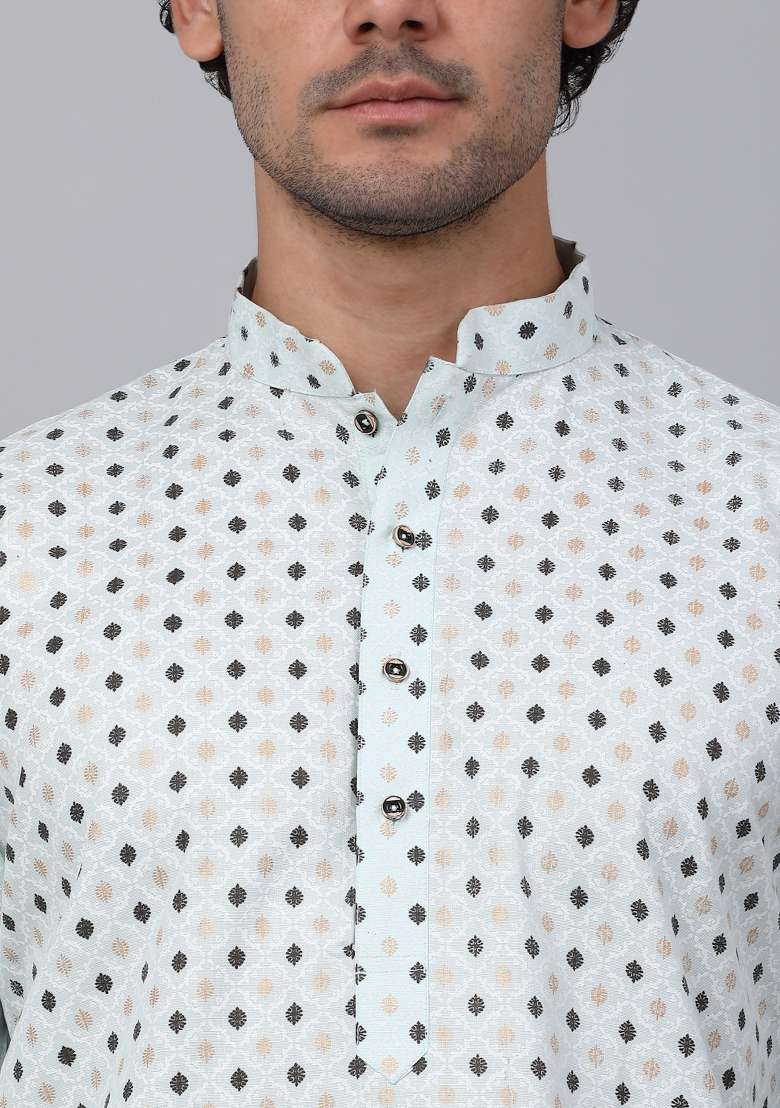 Green Printed Cotton Kurta Set For Men - Indya