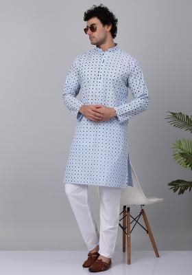 Blue Printed Cotton Kurta Set For Men