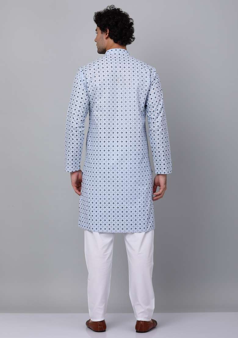 Blue Printed Cotton Kurta Set For Men - Indya