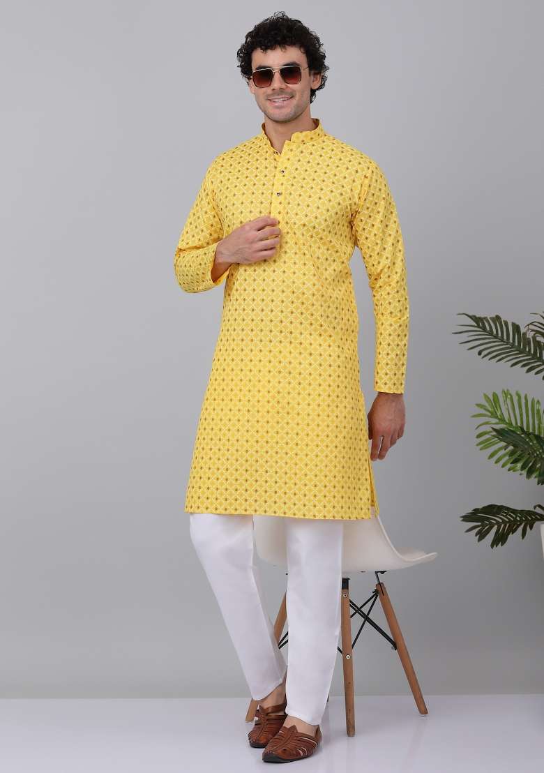 Yellow Printed Cotton Kurta Set For Men - Indya