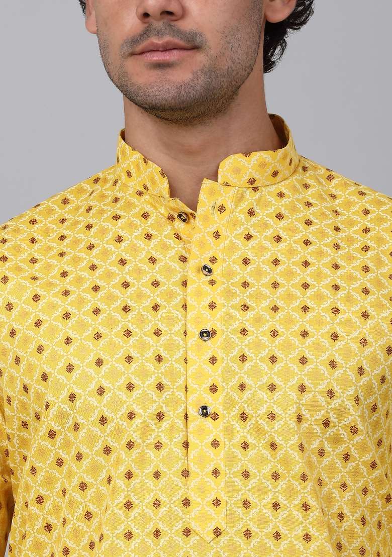 Yellow Printed Cotton Kurta Set For Men - Indya