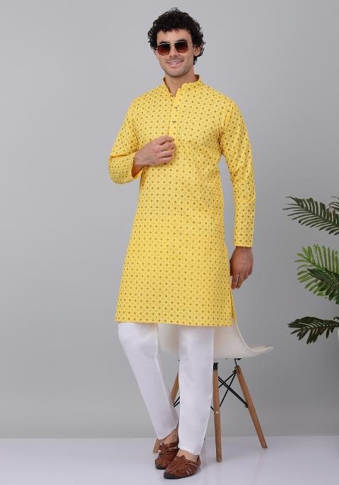 Yellow Printed Cotton Kurta Set For Men