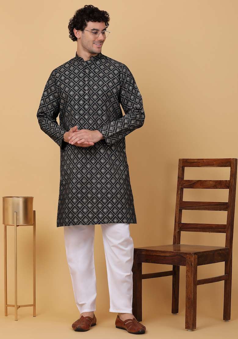 Black Printed Cotton Kurta Set For Men - Indya