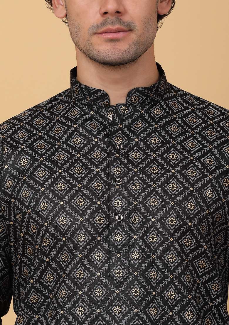 Black Printed Cotton Kurta Set For Men - Indya
