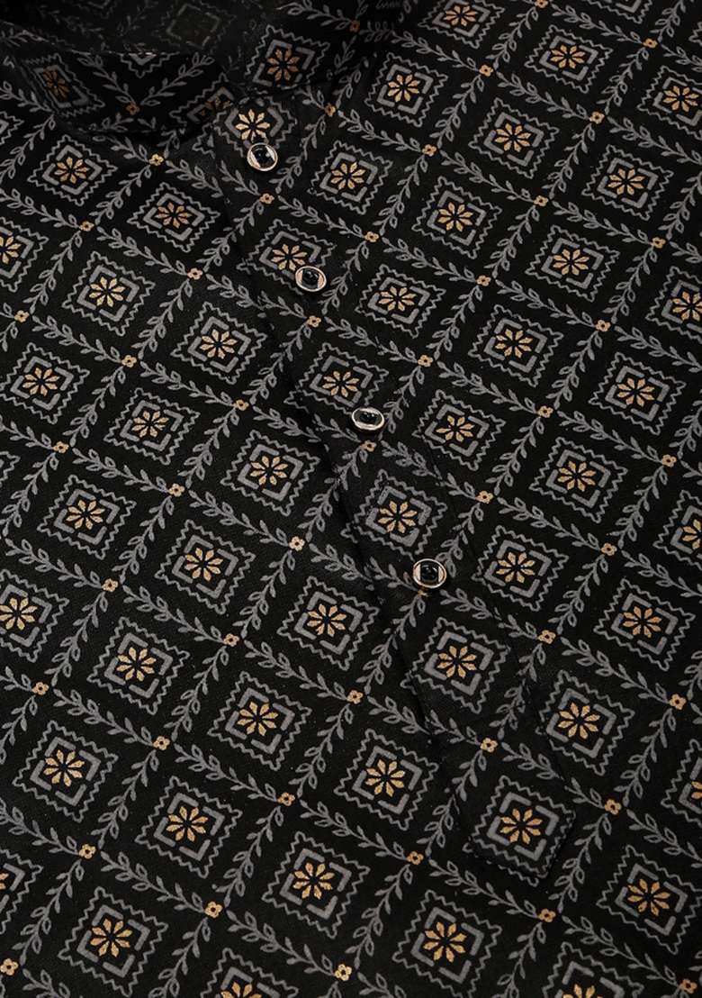 Black Printed Cotton Kurta Set For Men - Indya