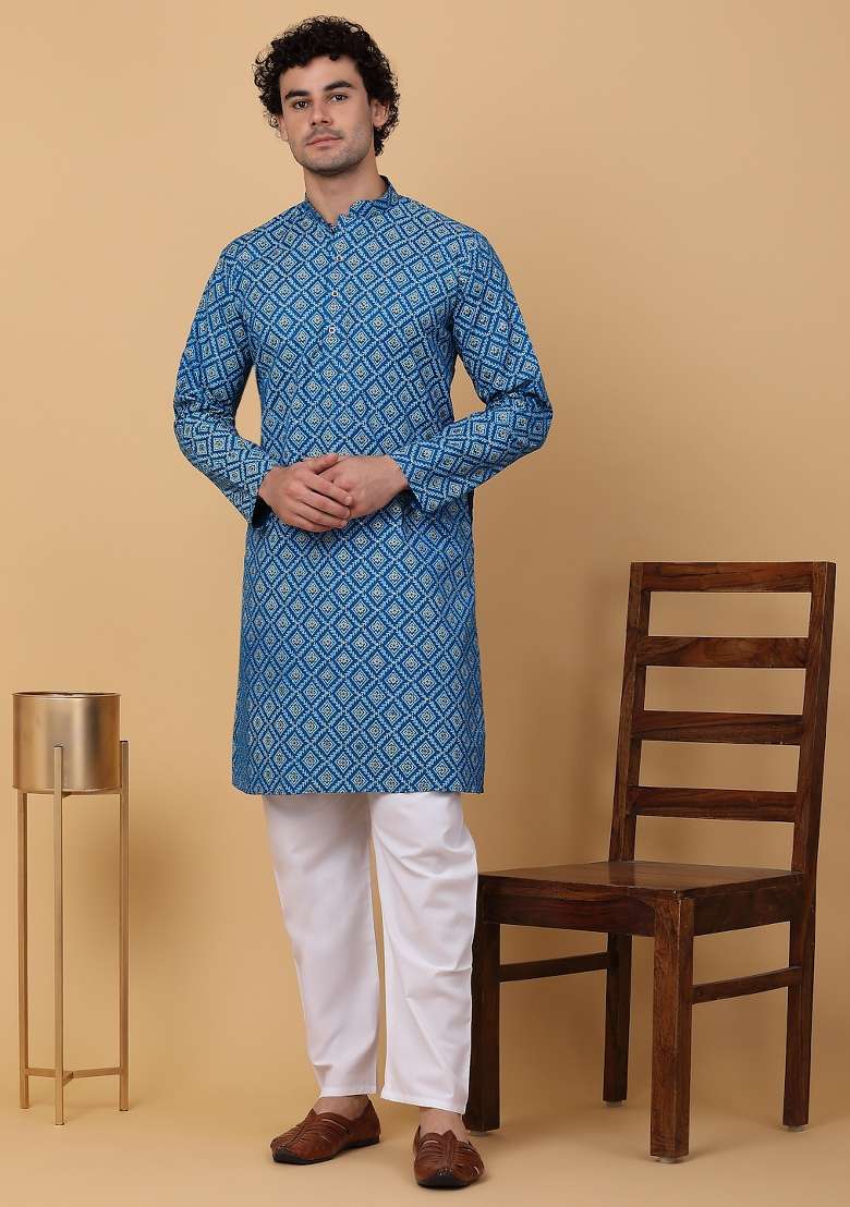 Blue Printed Cotton Kurta Set For Men - Indya
