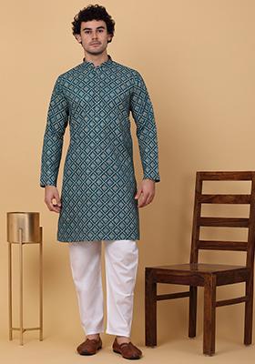 Green Printed Cotton Kurta Set For Men