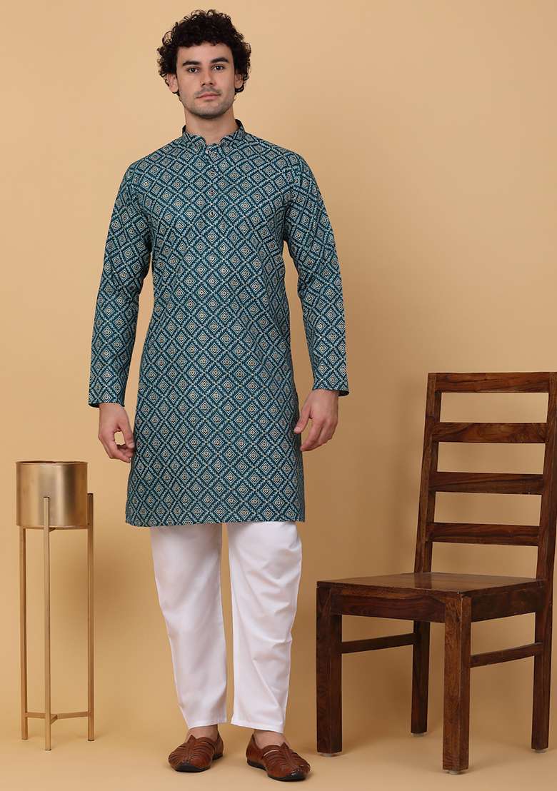 Green Printed Cotton Kurta Set For Men - Indya