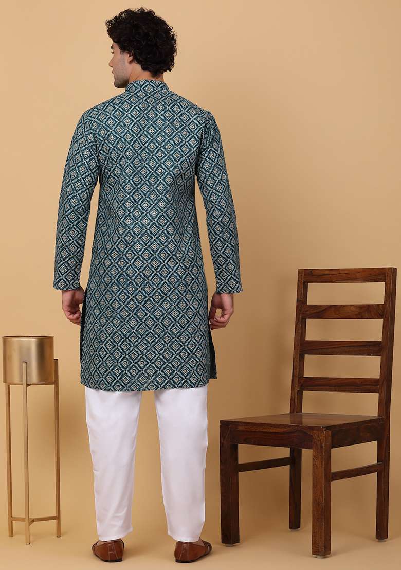 Green Printed Cotton Kurta Set For Men - Indya