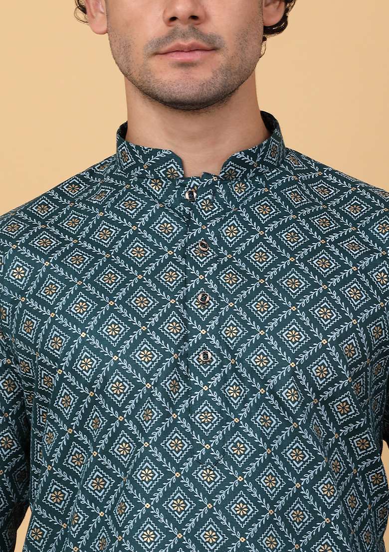 Green Printed Cotton Kurta Set For Men - Indya