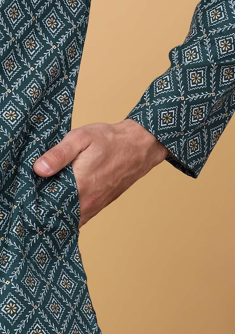 Green Printed Cotton Kurta Set For Men - Indya