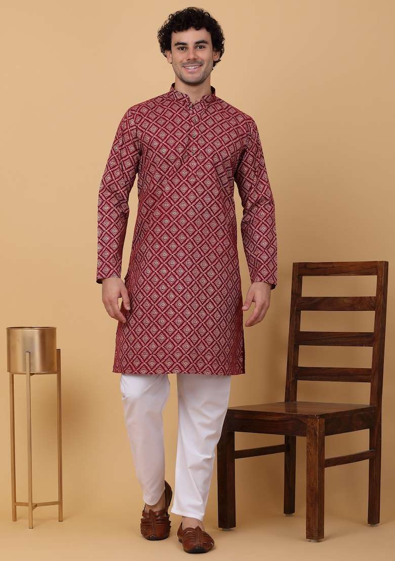 Maroon Printed Cotton Kurta Set For Men - Indya