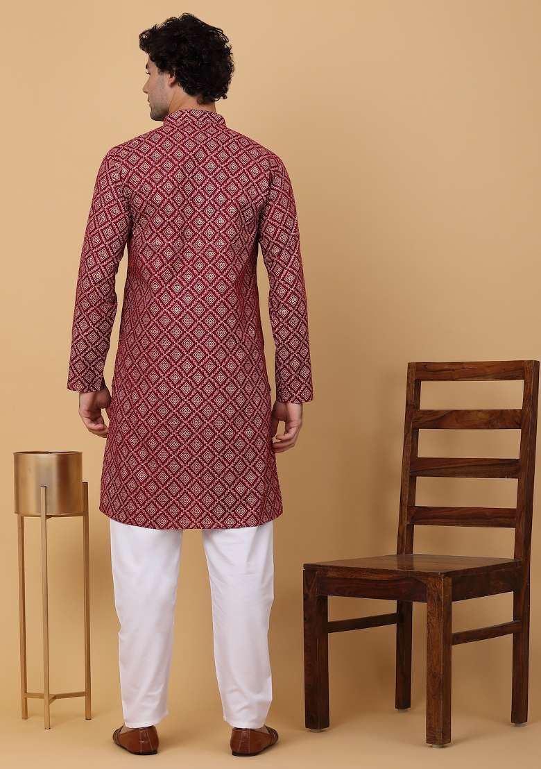 Maroon Printed Cotton Kurta Set For Men - Indya