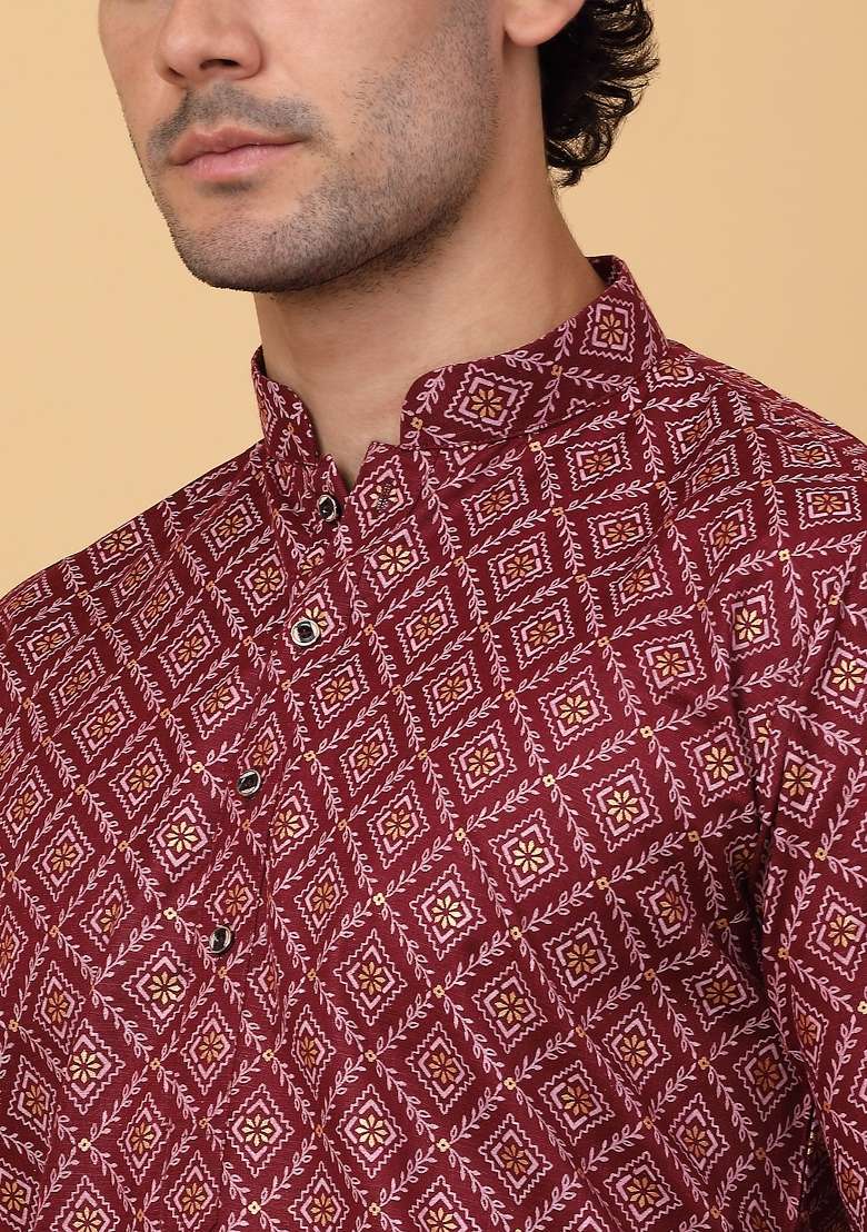 Maroon Printed Cotton Kurta Set For Men - Indya