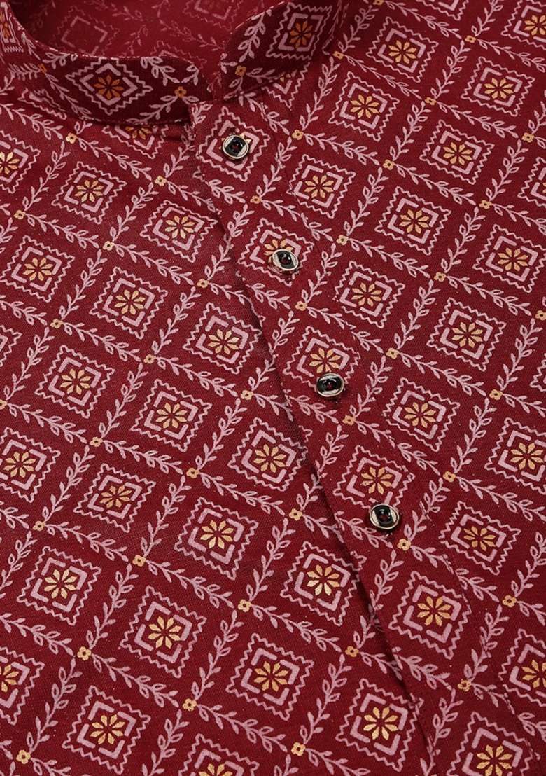 Maroon Printed Cotton Kurta Set For Men - Indya