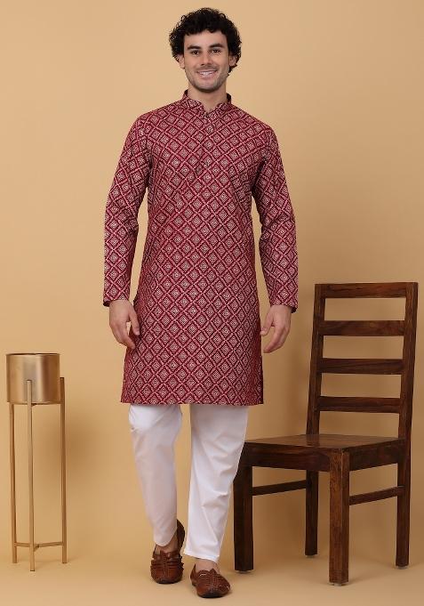 Maroon Printed Cotton Kurta Set For Men