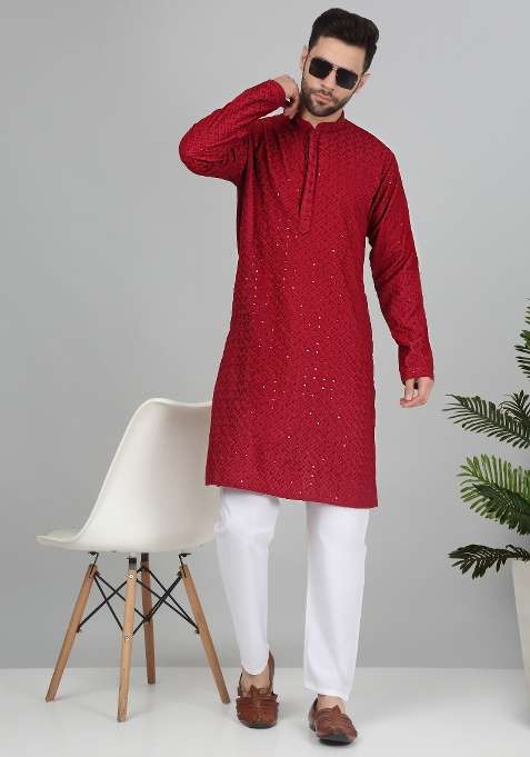 Maroon Embroidered Cotton Blend Kurta Set For Men
