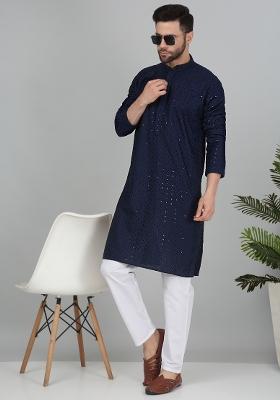 Navy Blue Embroidered Cotton Blend Kurta Set For Men