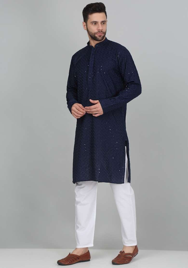 Navy Blue Embroidered Cotton Blend Kurta Set For Men - Indya