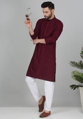 Purple Embroidered Cotton Blend Kurta Set For Men