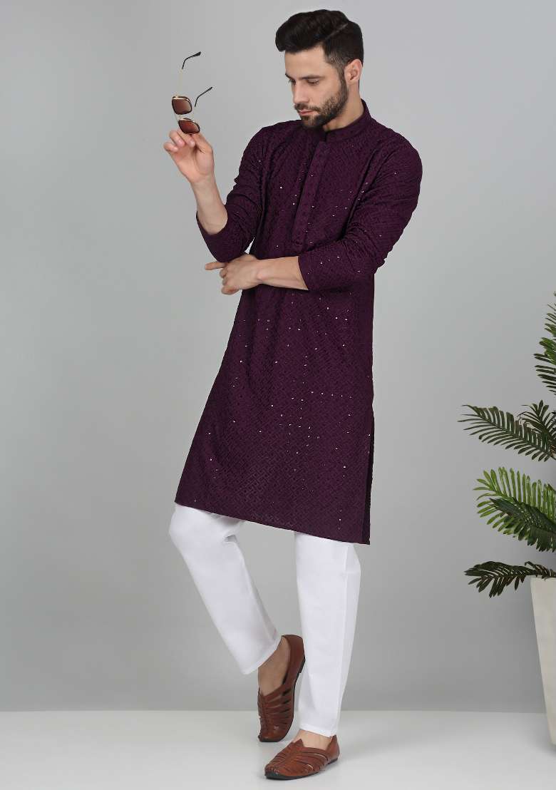 Purple Embroidered Cotton Blend Kurta Set For Men - Indya