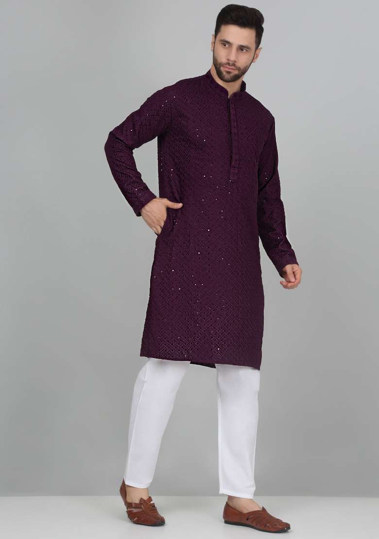Purple Embroidered Cotton Blend Kurta Set For Men - Indya