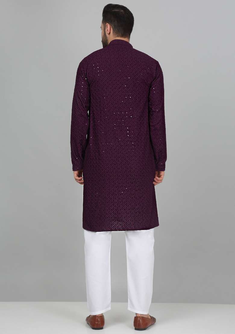 Purple Embroidered Cotton Blend Kurta Set For Men - Indya