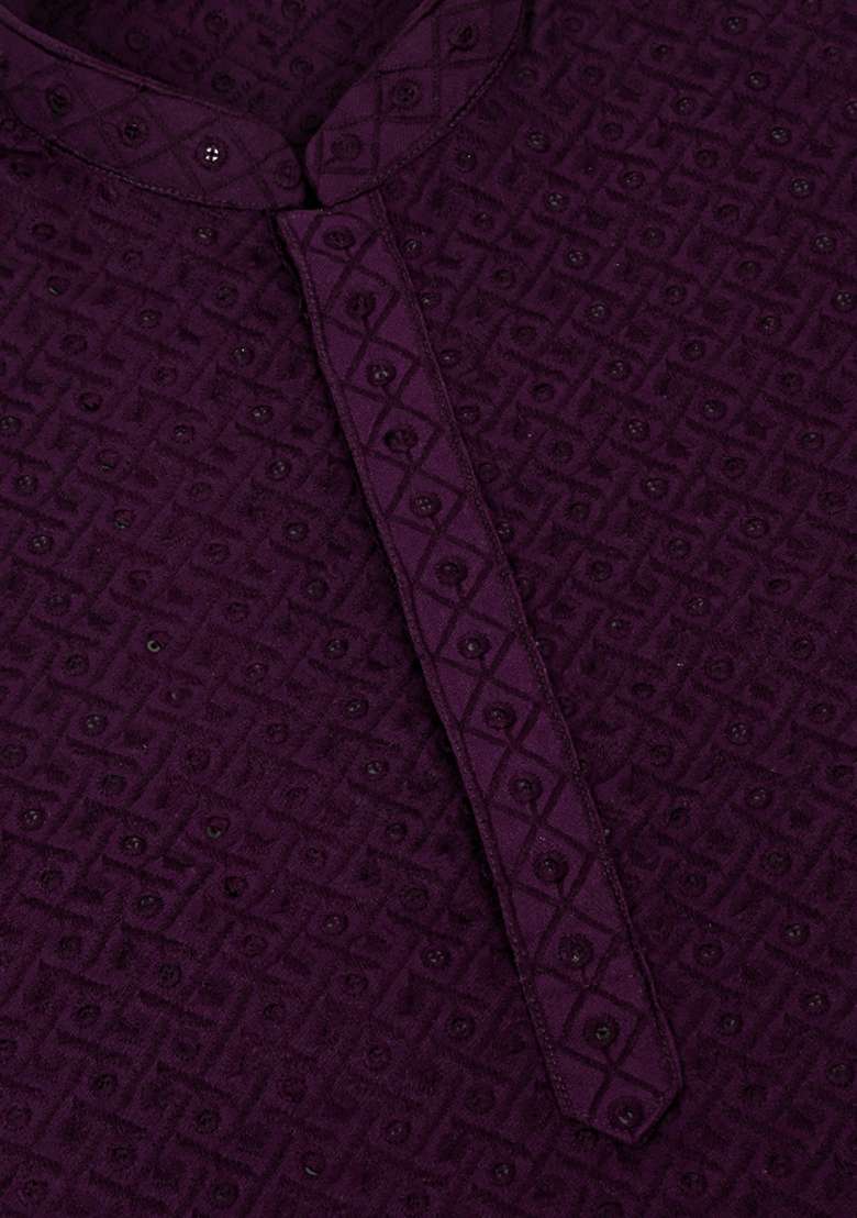 Purple Embroidered Cotton Blend Kurta Set For Men - Indya