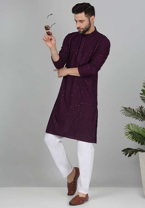 Purple Embroidered Cotton Blend Kurta Set For Men