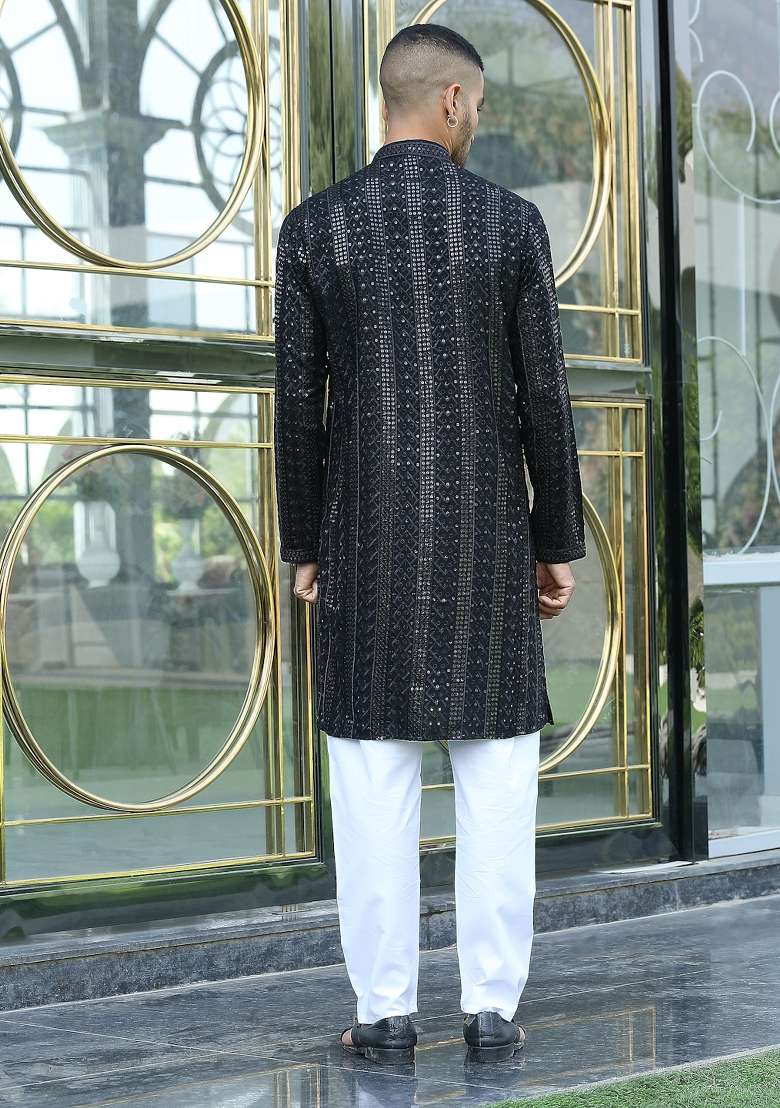 Black Embroidered Rayon Kurta Set For Men - Indya