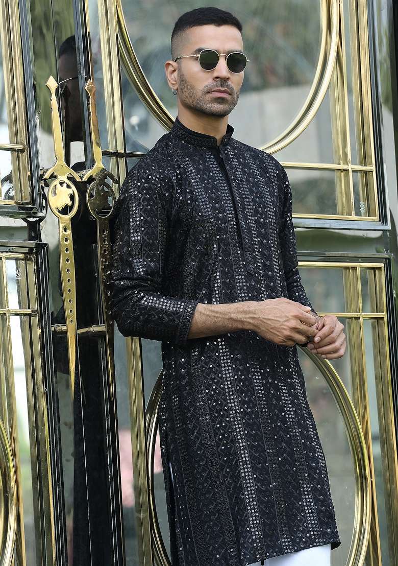 Black Embroidered Rayon Kurta Set For Men - Indya