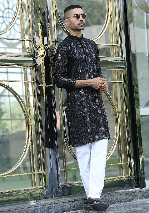 Black Embroidered Rayon Kurta Set For Men