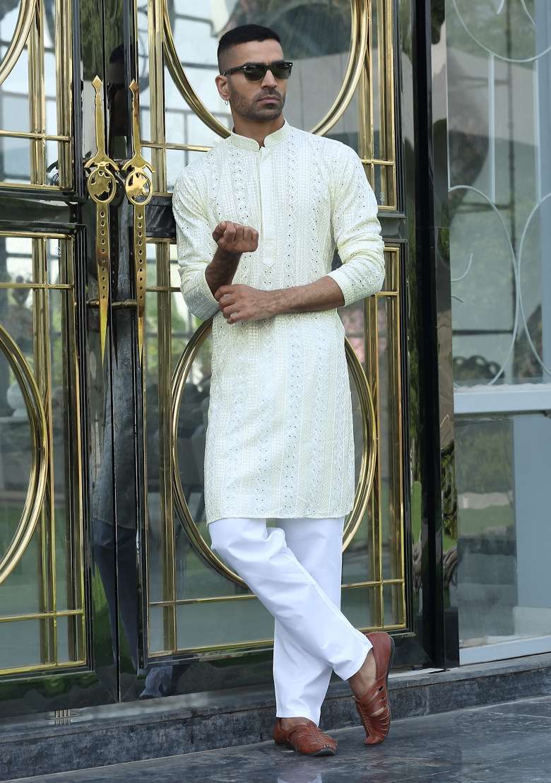 Cream Embroidered Rayon Kurta Set For Men - Indya