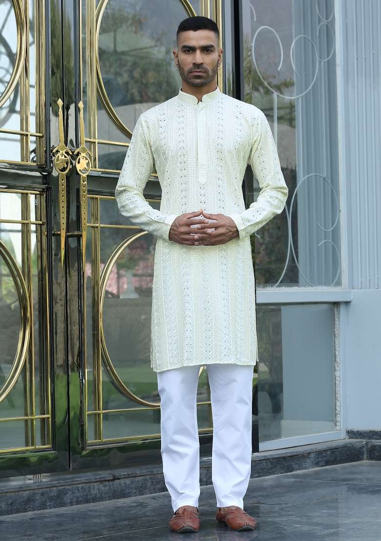 Cream Embroidered Rayon Kurta Set For Men - Indya