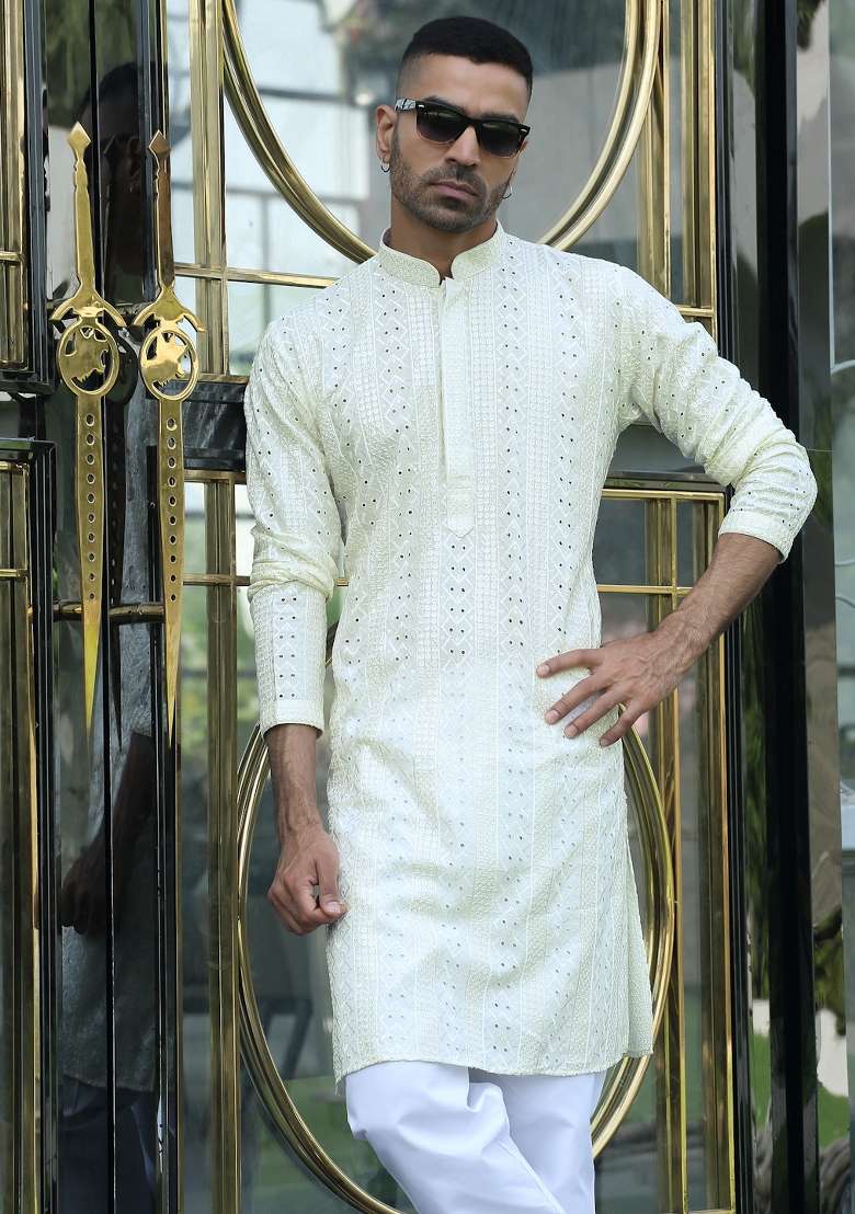 Cream Embroidered Rayon Kurta Set For Men - Indya