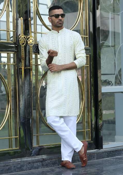 Cream Embroidered Rayon Kurta Set For Men